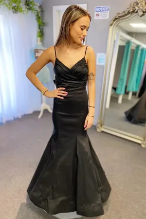 Black Satin Mermaid Pleated Spaghetti Straps Prom Dresses With Bow, MP836