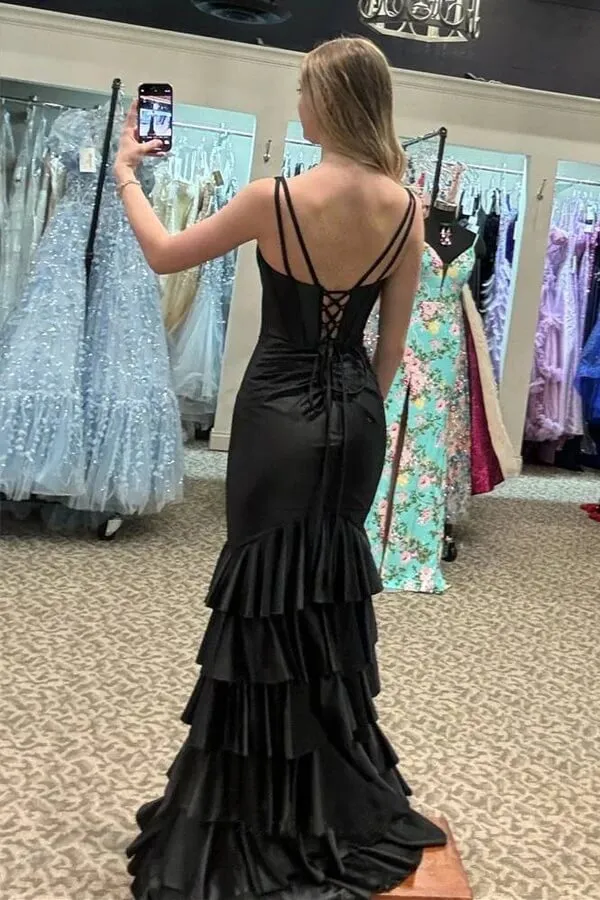 Black Satin Mermaid V-neck Ruffled Lace Up Prom Dresses With Slit, SLP053