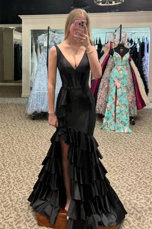 Black Satin Mermaid V-neck Ruffled Lace Up Prom Dresses With Slit, SLP053