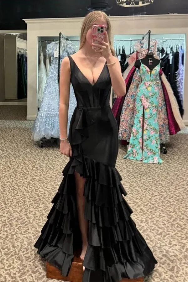 Black Satin Mermaid V-neck Ruffled Lace Up Prom Dresses With Slit, SLP053