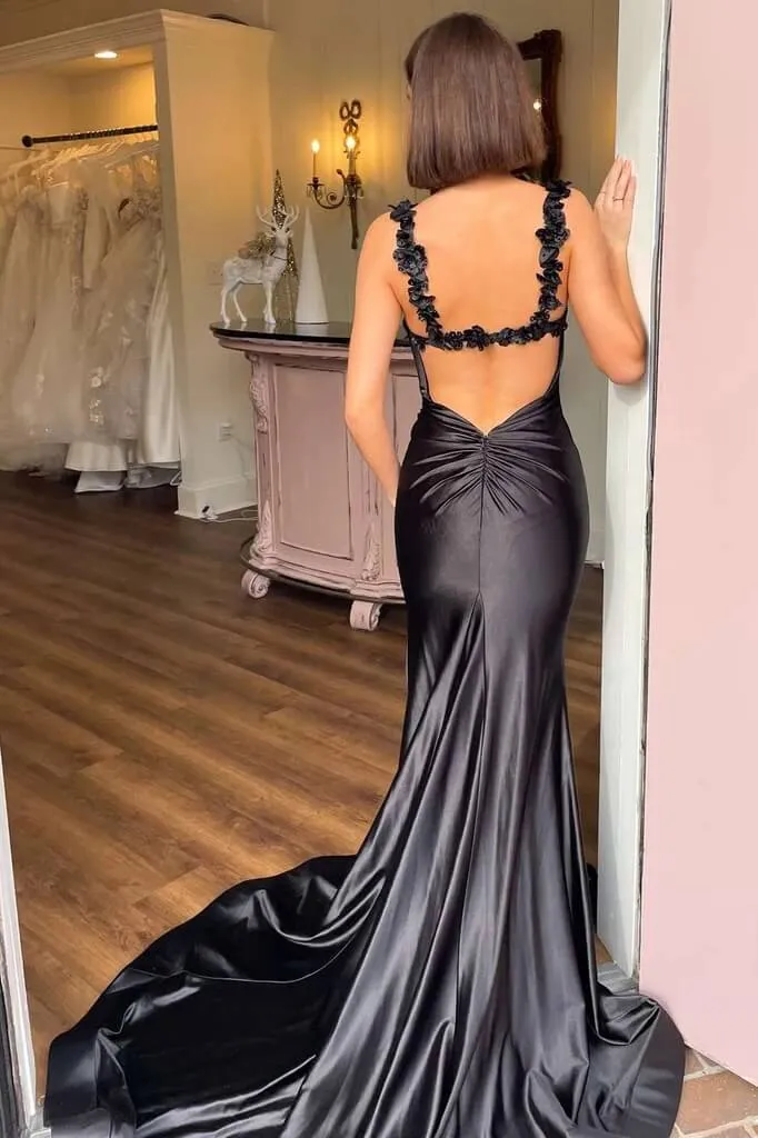 Black Satin Spaghetti Straps Mermaid Prom Dresses With Train, Party Dress, MP934