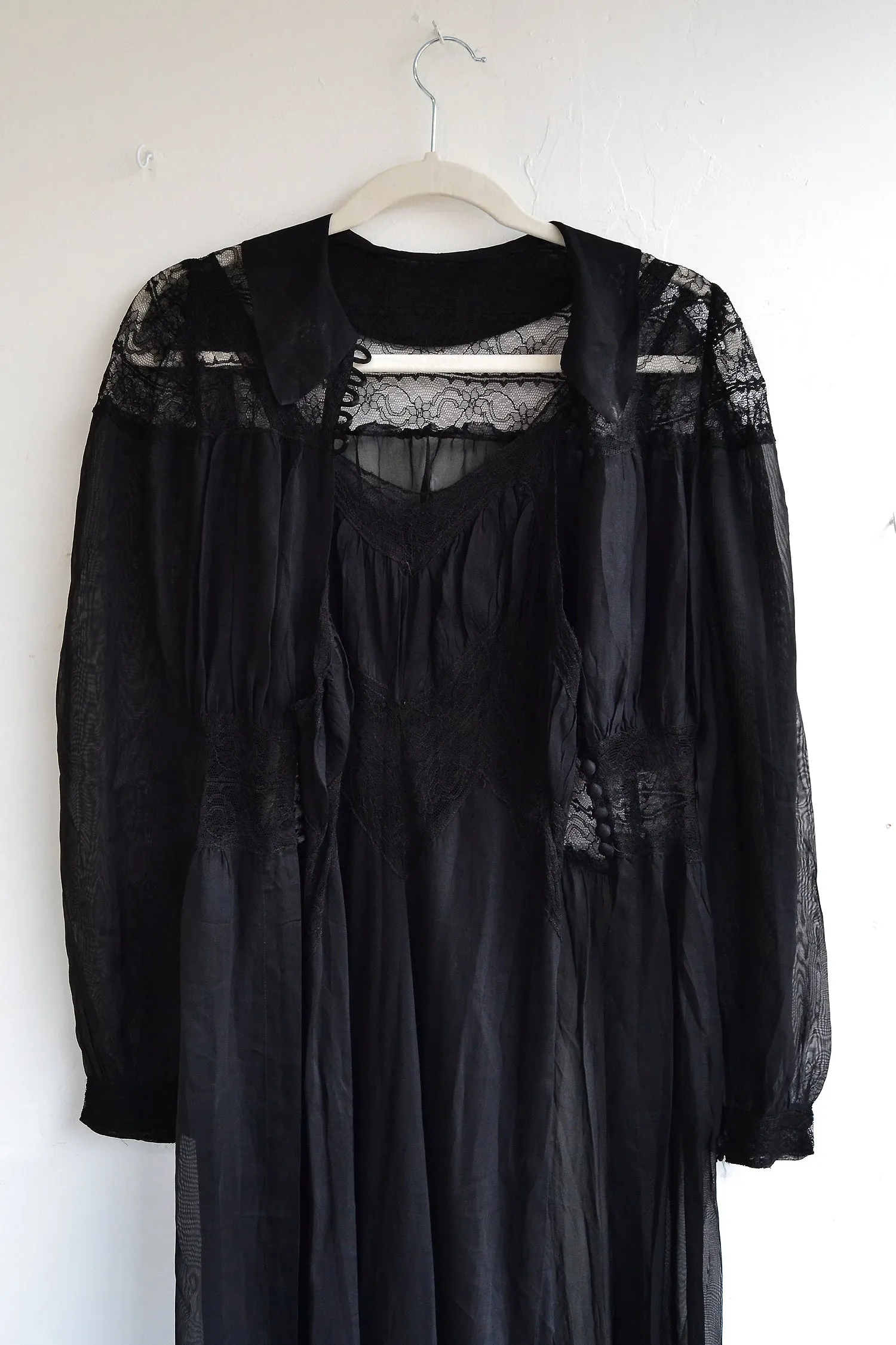 Black Silk Chiffon Slip and Robe Set