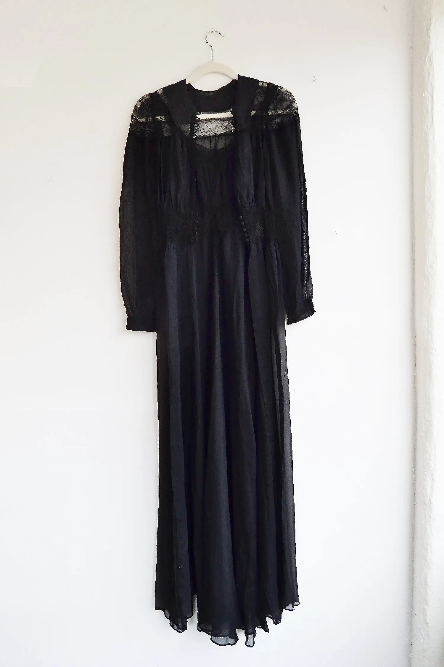 Black Silk Chiffon Slip and Robe Set