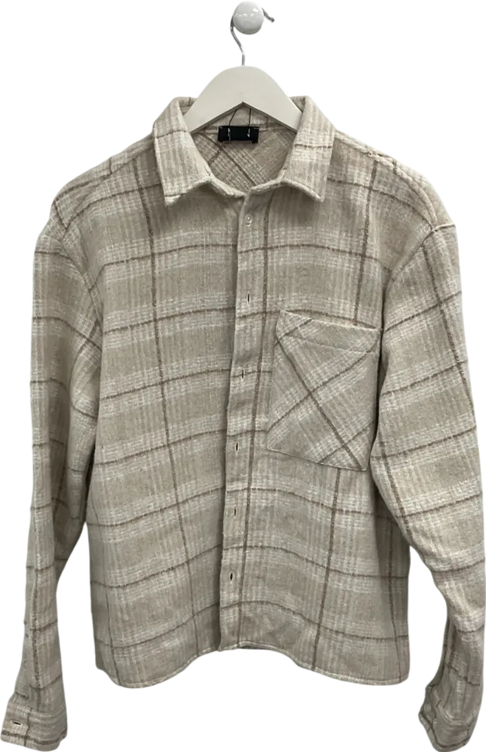 boohooMan Cream Long Sleeve Brushed Flannel Check Shirt UK M