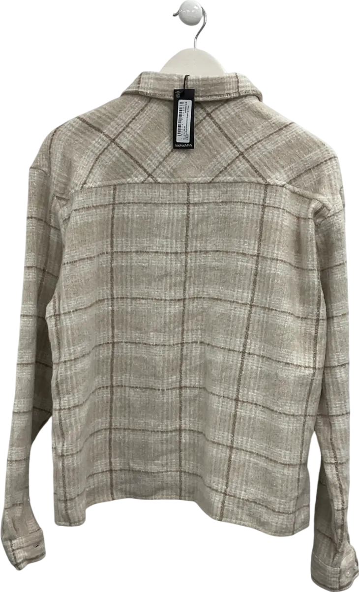 boohooMan Cream Long Sleeve Brushed Flannel Check Shirt UK M