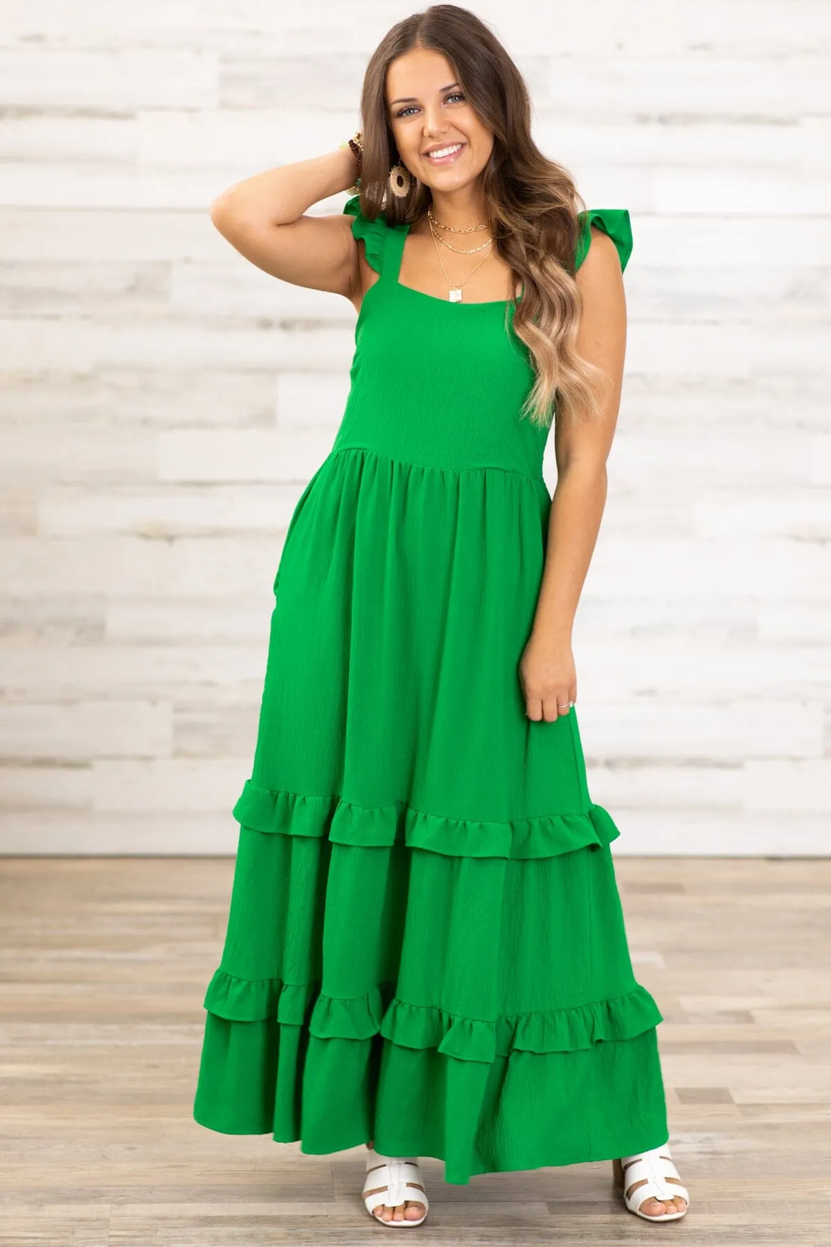Bright Green Ruffle Trim Maxi Dress