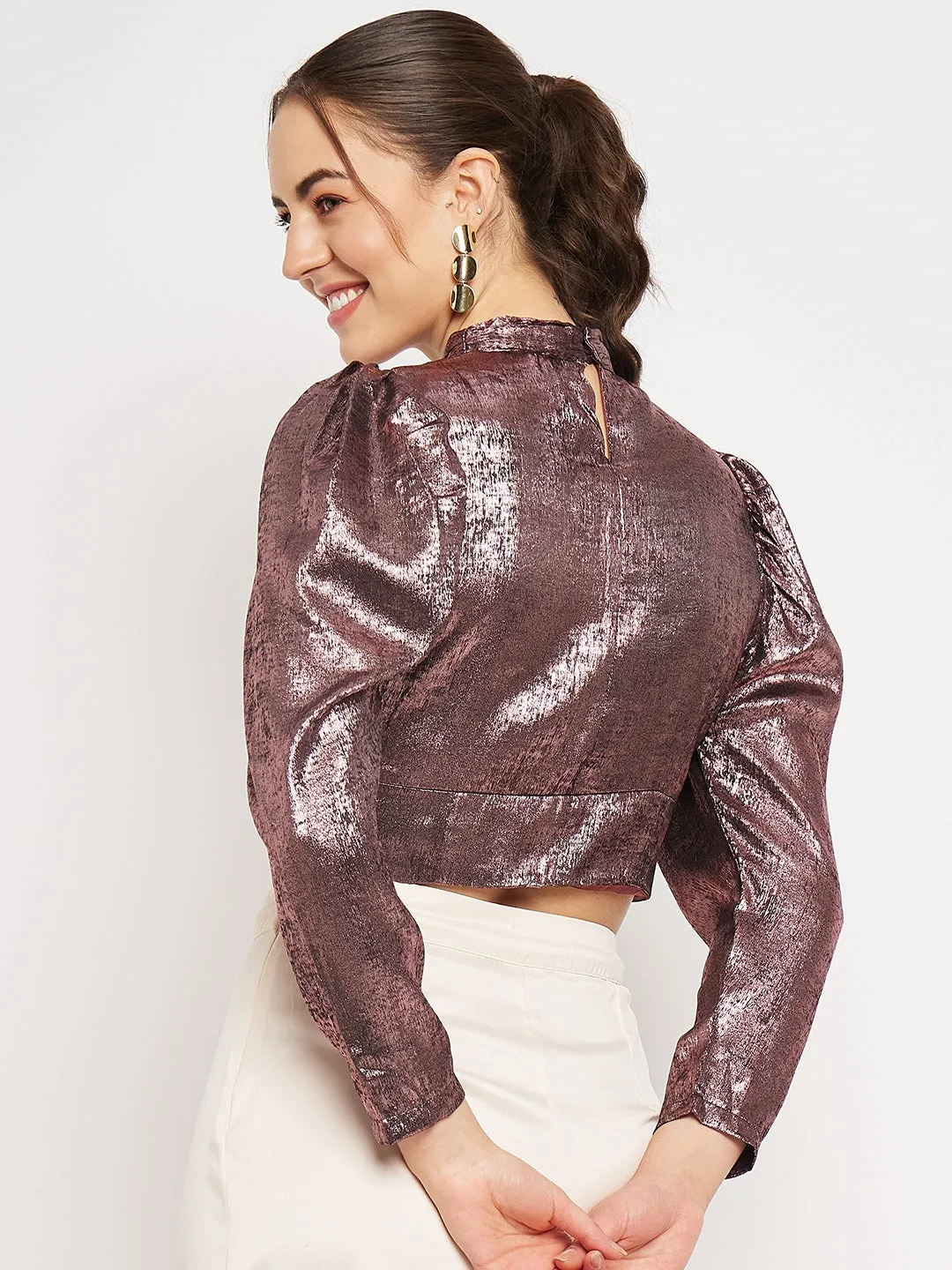 Camla Barcelona Keyhole Neck Metallic Brown Crop Top