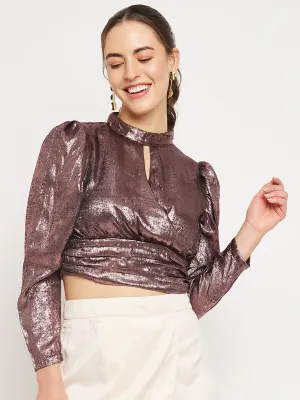 Camla Barcelona Keyhole Neck Metallic Brown Crop Top