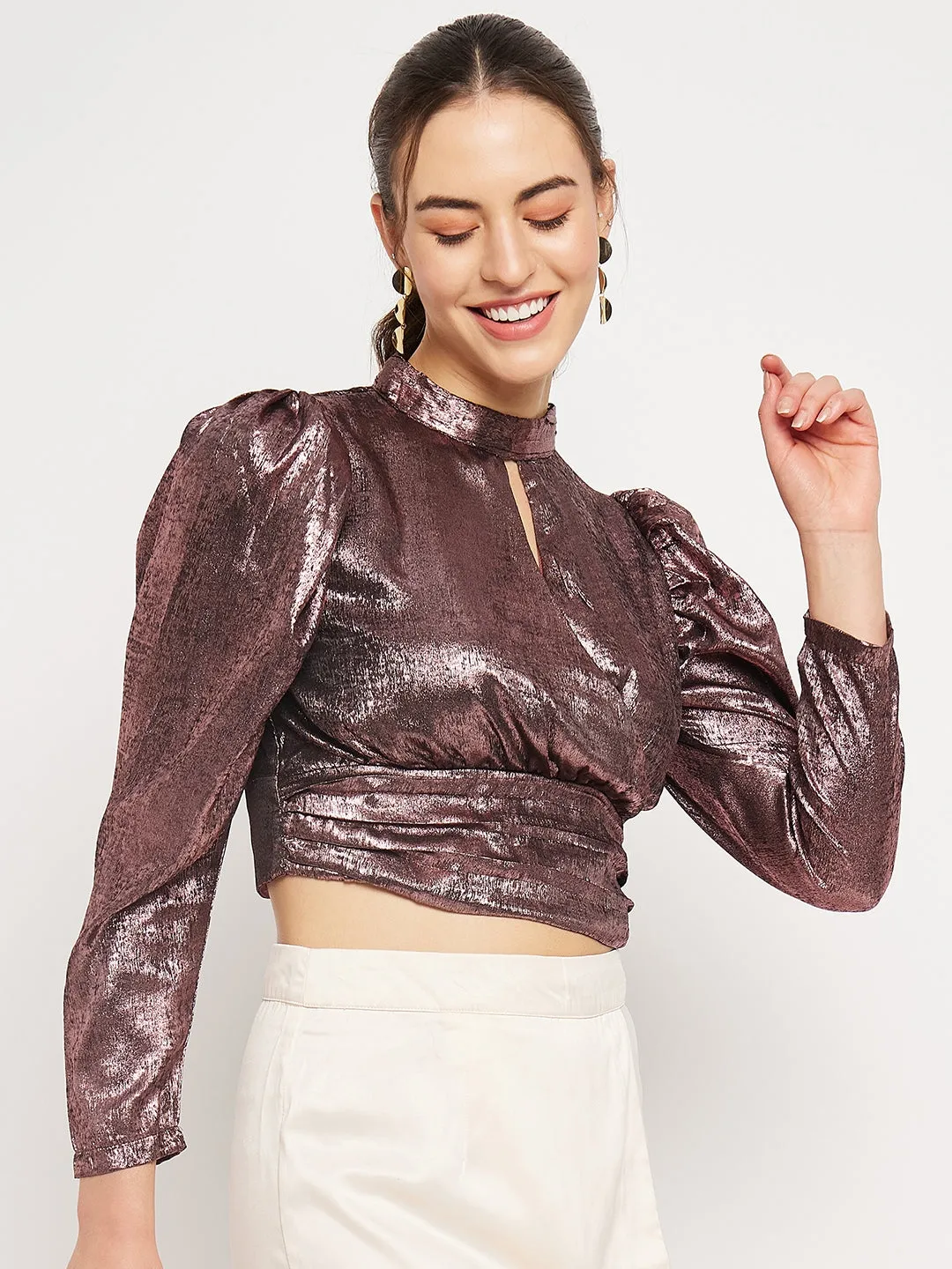 Camla Barcelona Keyhole Neck Metallic Brown Crop Top