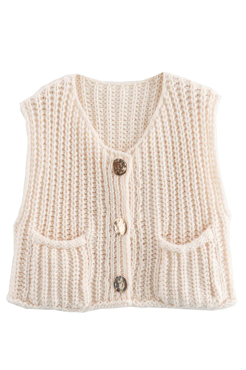 Casual Daily Solid Color Pocket Buttons Weave O Neck Sweaters (3 Colors)