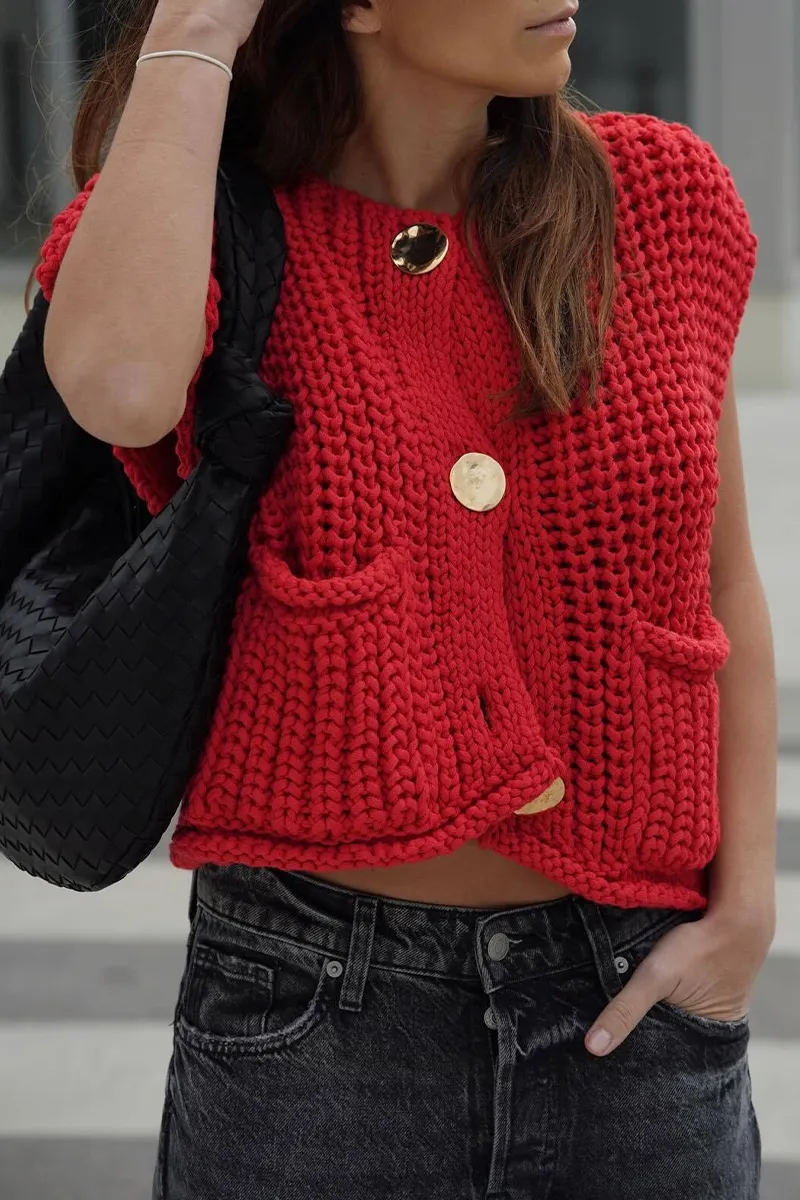 Casual Daily Solid Color Pocket Buttons Weave O Neck Sweaters (3 Colors)