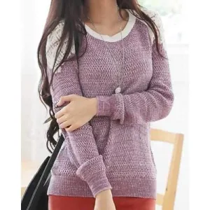 Casual Style Scoop Neck Long Sleeve Color Block Women's Sweater - Purple One Size
