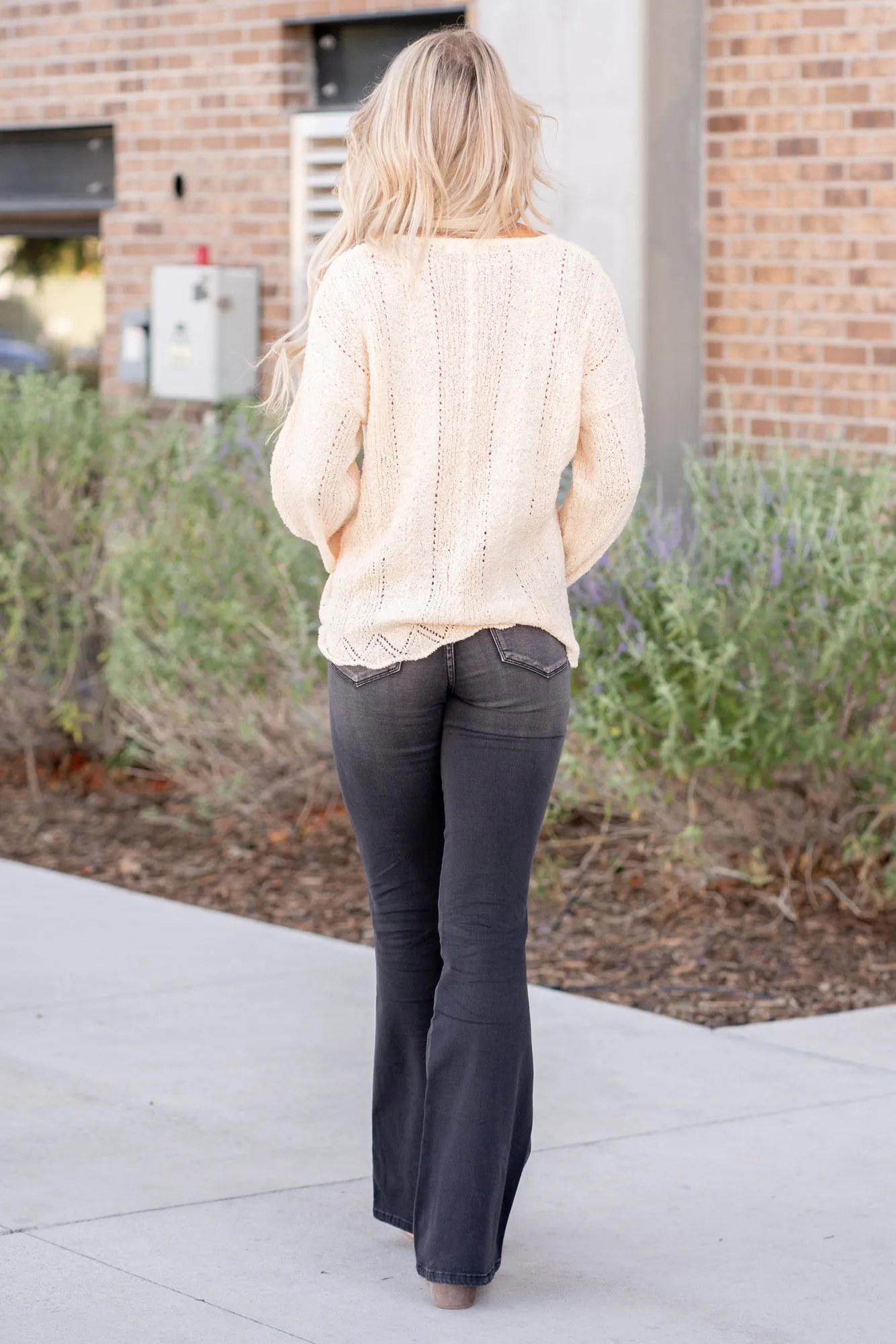 Celeste Eyelet V Neck Knitting Sweater - Cream