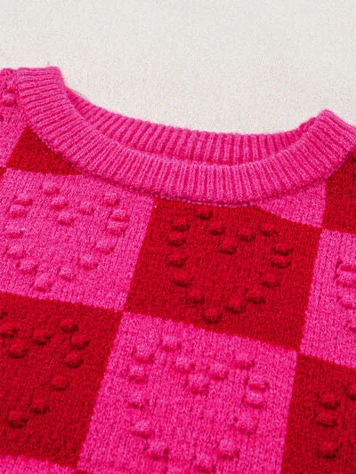 Chelsey Plaid Heart Round Neck Sweater