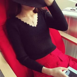 Chic Women's V-Neck Pure Color Long Sleeve Sweater - Black One Size(fit Size Xs To M)