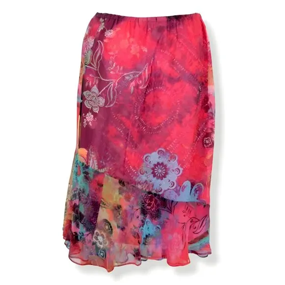 Chicos Pink Blue Red Patchwork Floral Trumpet Bias Hem Pencil Silk Skirt 2-4 S 0
