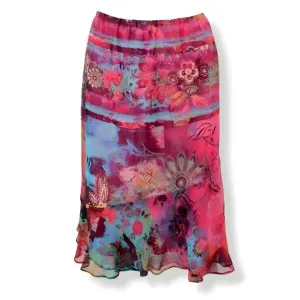 Chicos Pink Blue Red Patchwork Floral Trumpet Bias Hem Pencil Silk Skirt 2-4 S 0