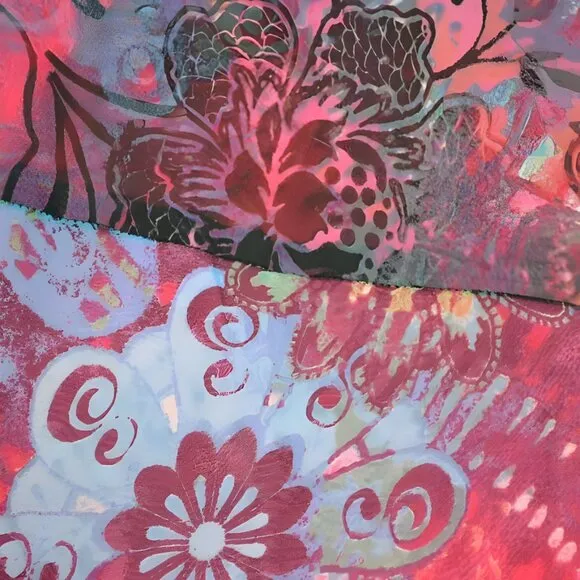 Chicos Pink Blue Red Patchwork Floral Trumpet Bias Hem Pencil Silk Skirt 2-4 S 0