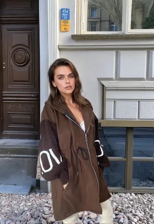 Chocolate Brown Love Knit Sleeves Zipper Drawstring Coat