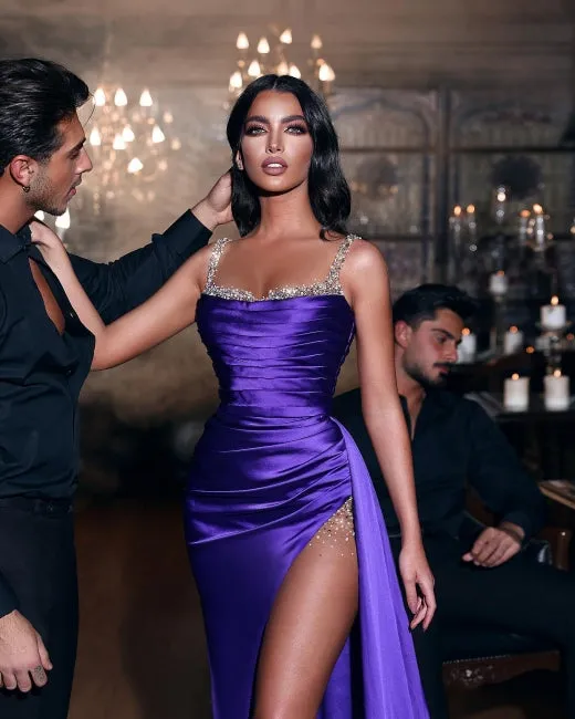 Classic Purple Glitter Sleeveless Mermaid Prom Dress With Split