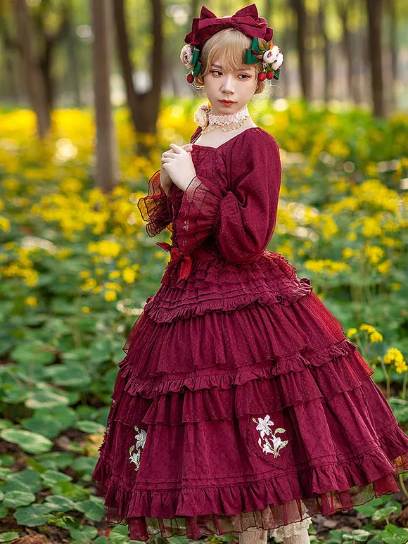 Classical Lolita Dress Cotton Embroidered Sleeveless Lolita Dresses Burgundy