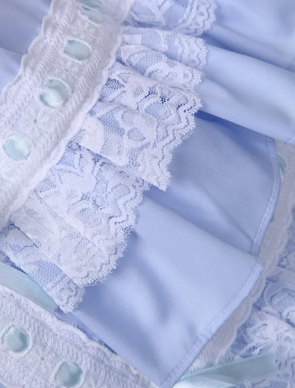 Cotton Blue Short Sleeves Bow Lace Cotton Classic Lolita Dress
