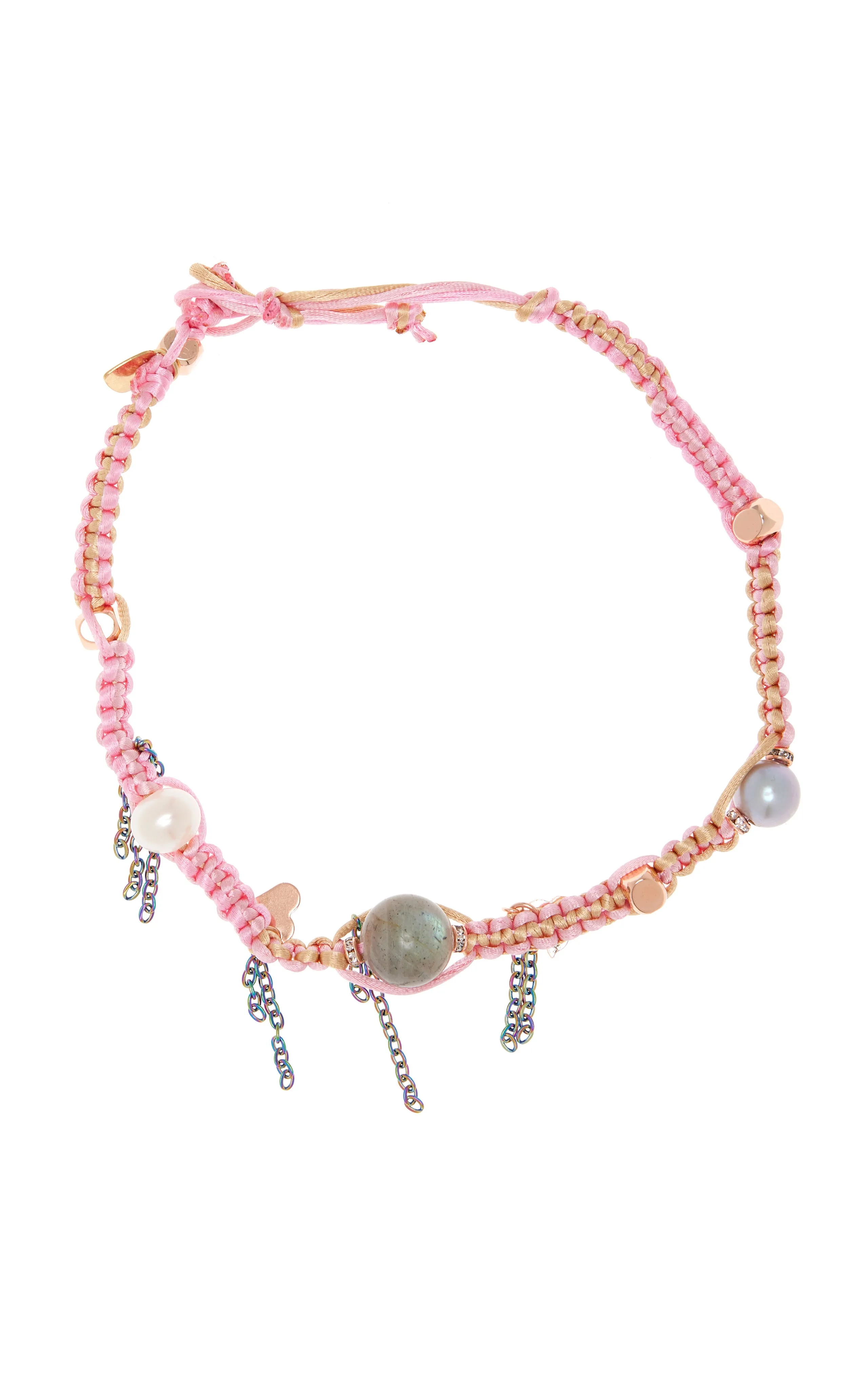 COTTON CANDY BARBIE DREAM SKY PEARL, LABRADORITE AND ROSE GOLD LUCKY CHARM SILK ROCKER CHOKER