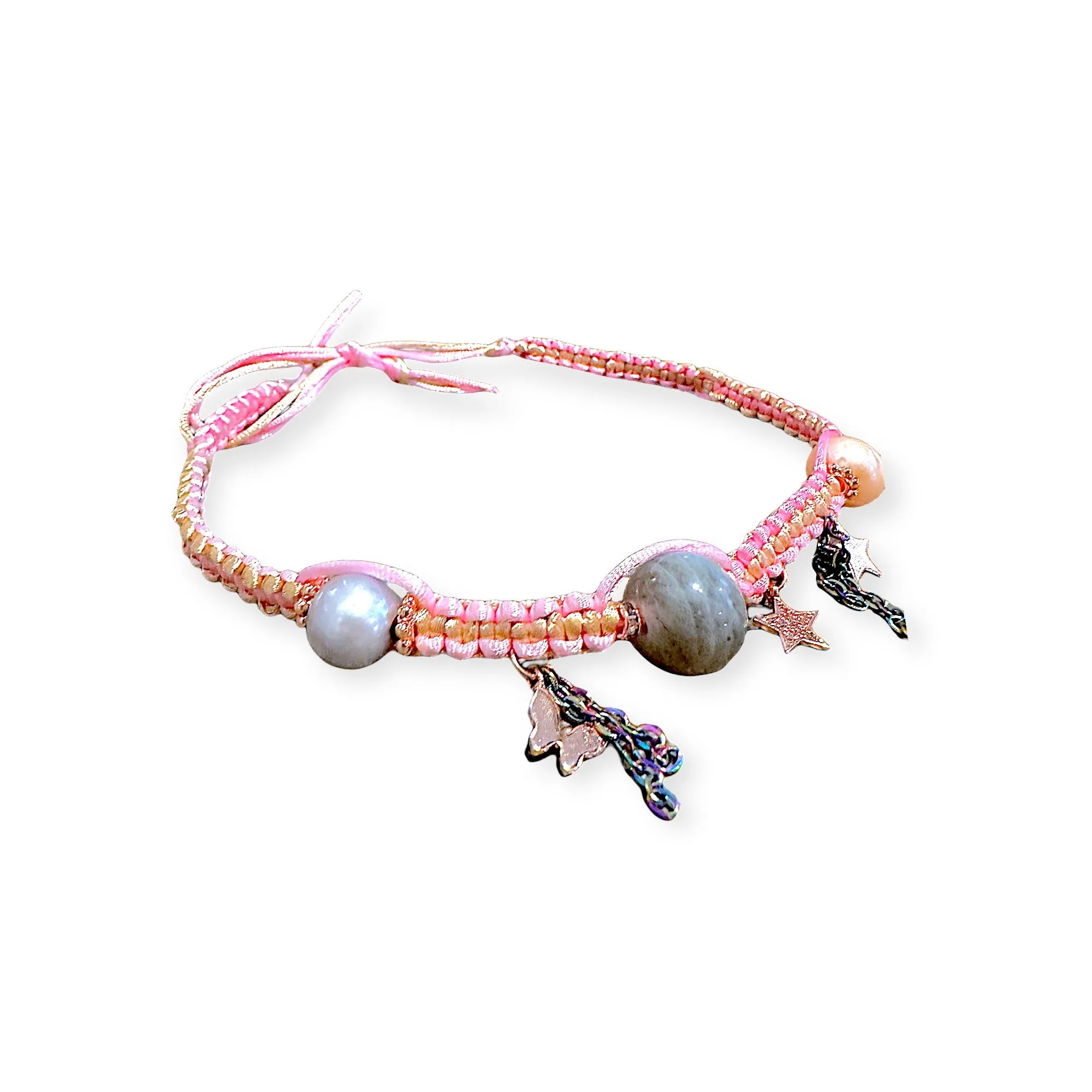 COTTON CANDY BARBIE DREAM SKY PEARL, LABRADORITE AND ROSE GOLD LUCKY CHARM SILK ROCKER CHOKER