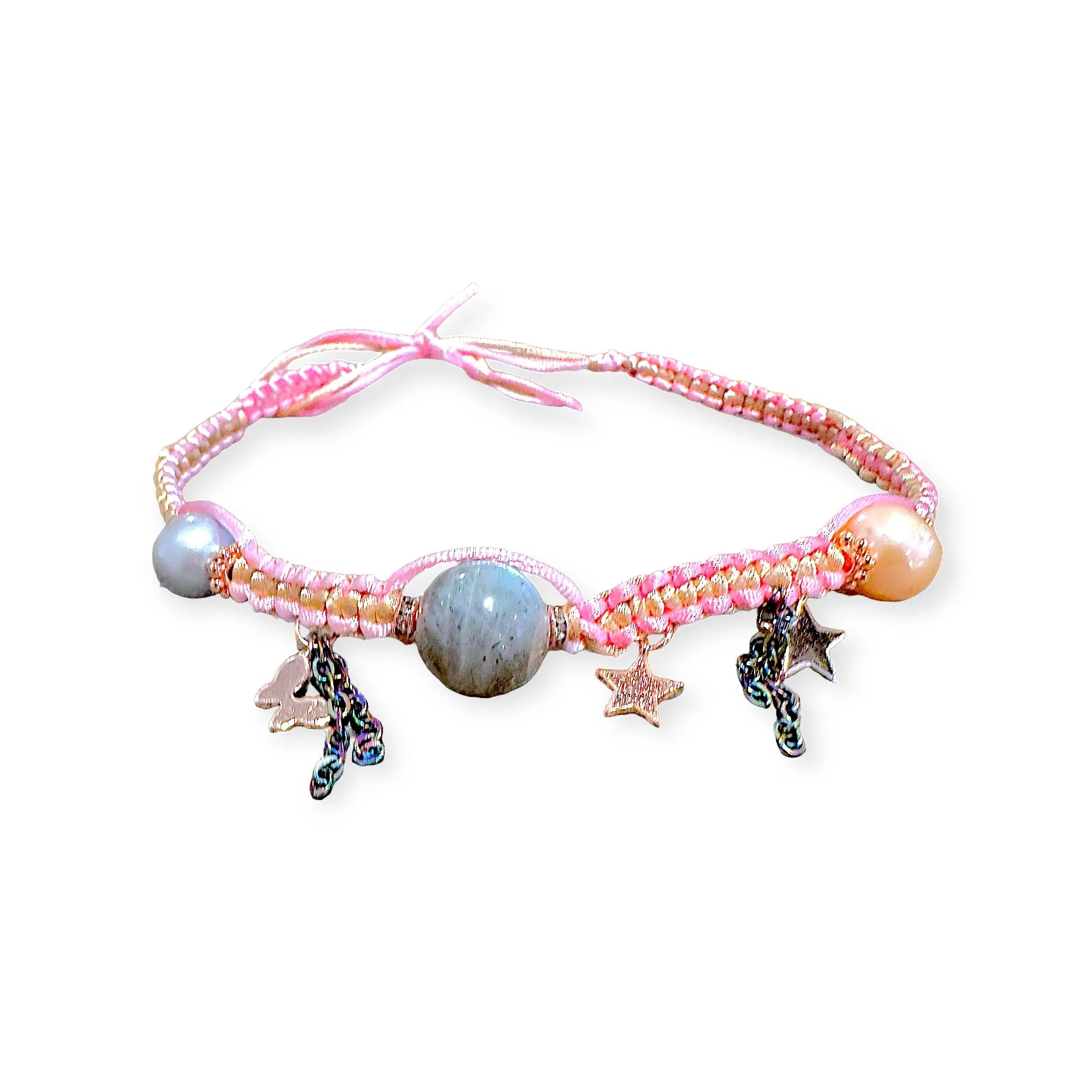 COTTON CANDY BARBIE DREAM SKY PEARL, LABRADORITE AND ROSE GOLD LUCKY CHARM SILK ROCKER CHOKER