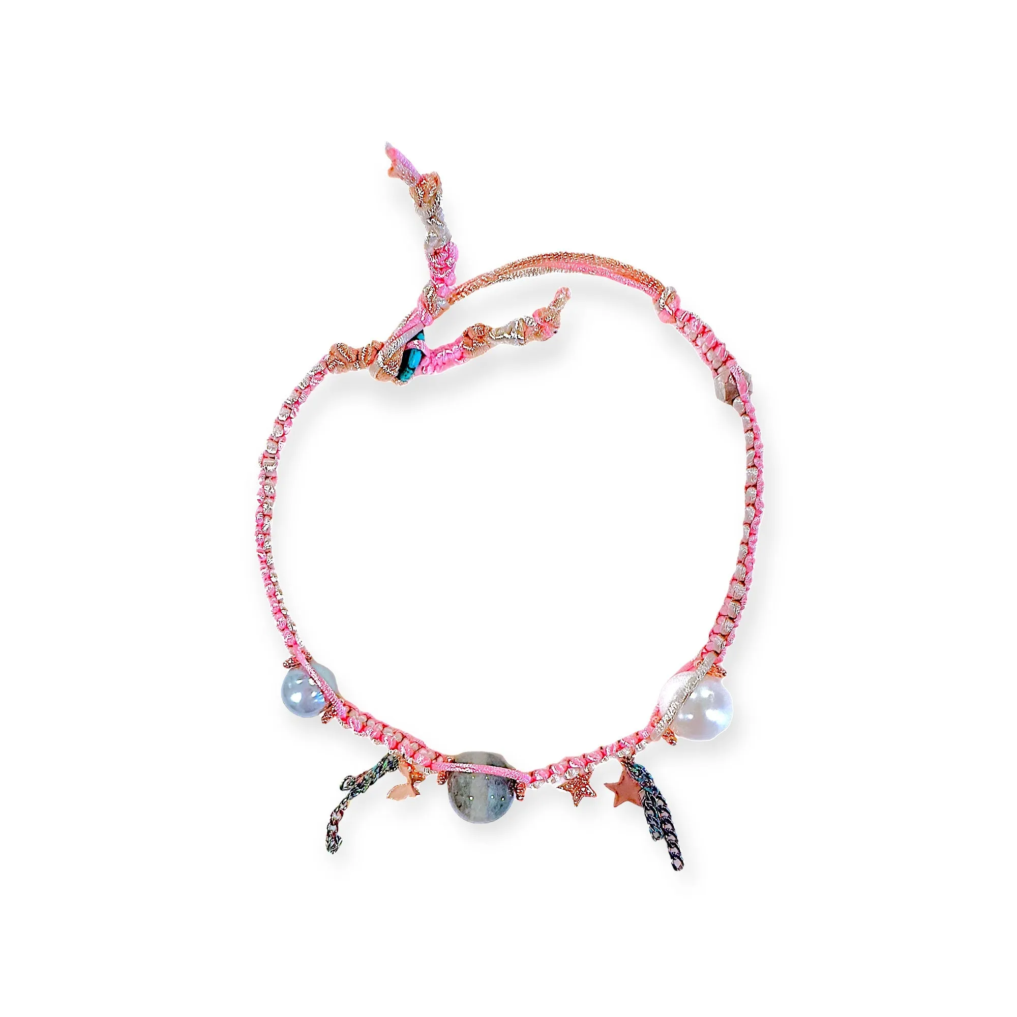 Cotton Candy Pearl Rose Gold Lucky Charm Silk Rocker Choker
