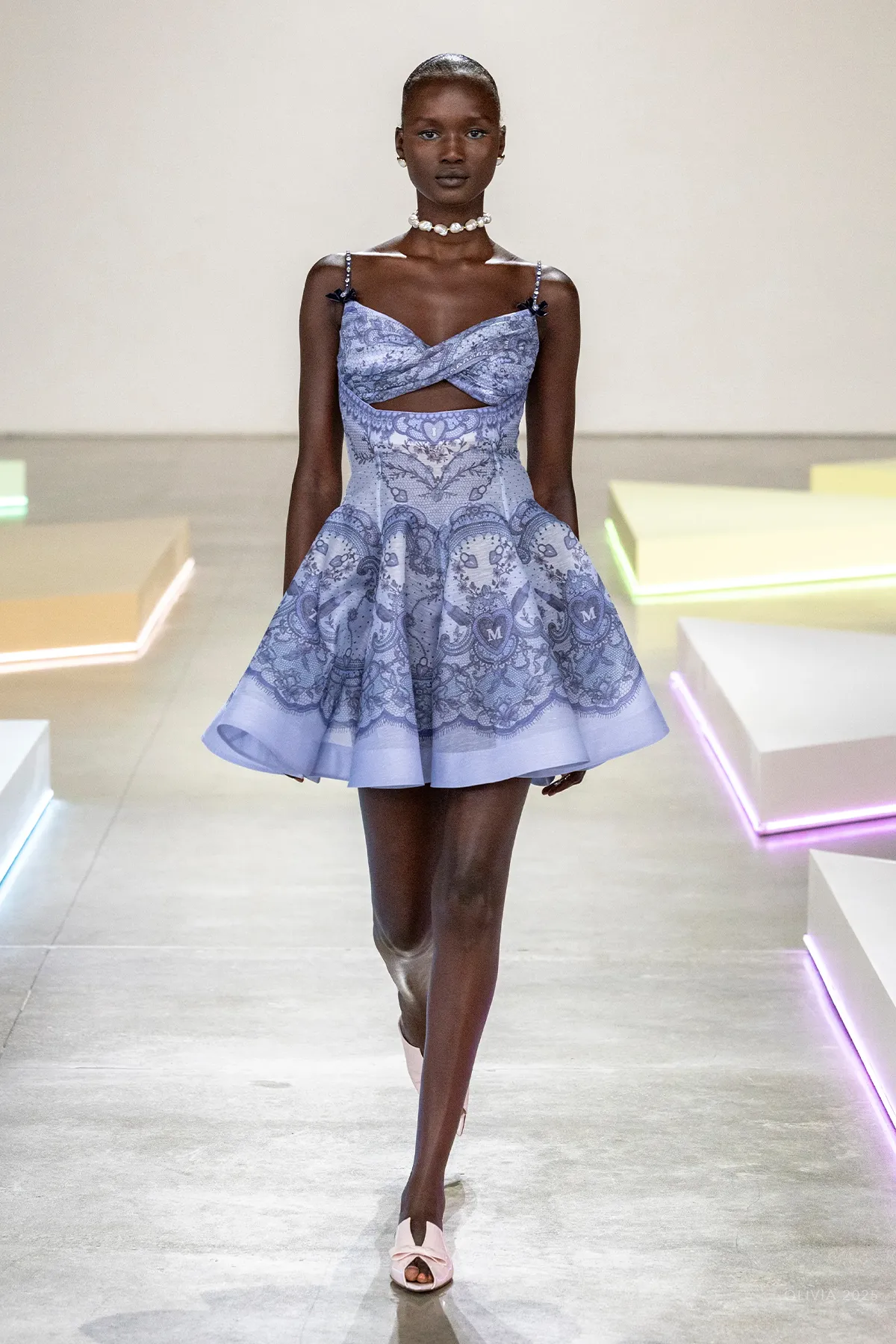 Crush Twist Front Mini Dress in Blue Lace Print