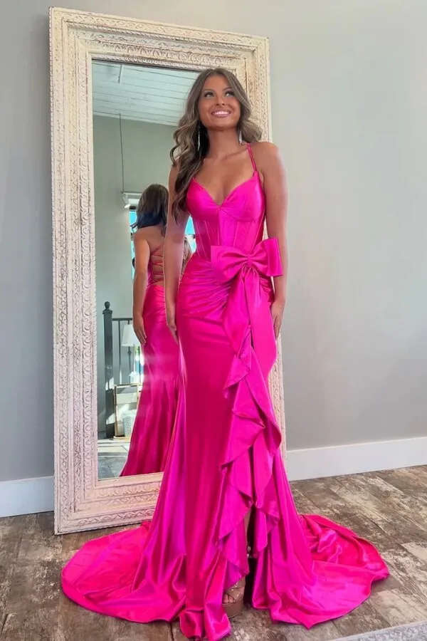 Cute Pink Satin Mermaid V-neck Side Slit Prom Dresses With Bow, SLP056