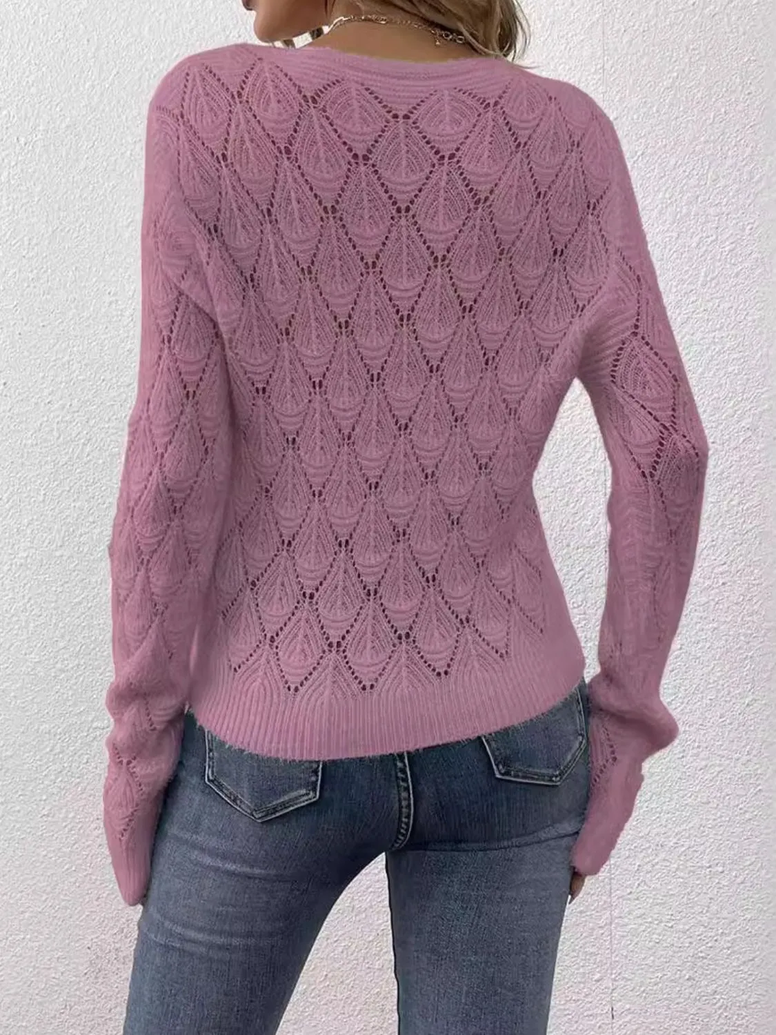 Daphne Openwork V-Neck Long Sleeve One-Size Sweater