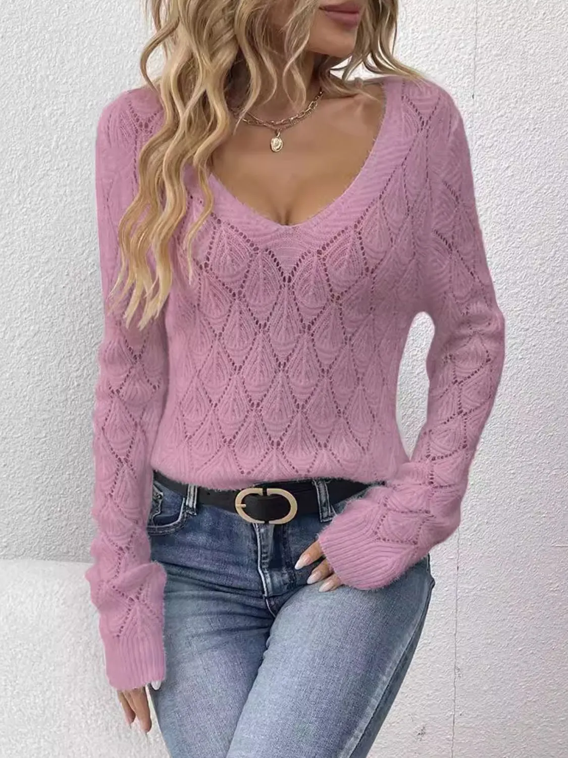 Daphne Openwork V-Neck Long Sleeve One-Size Sweater