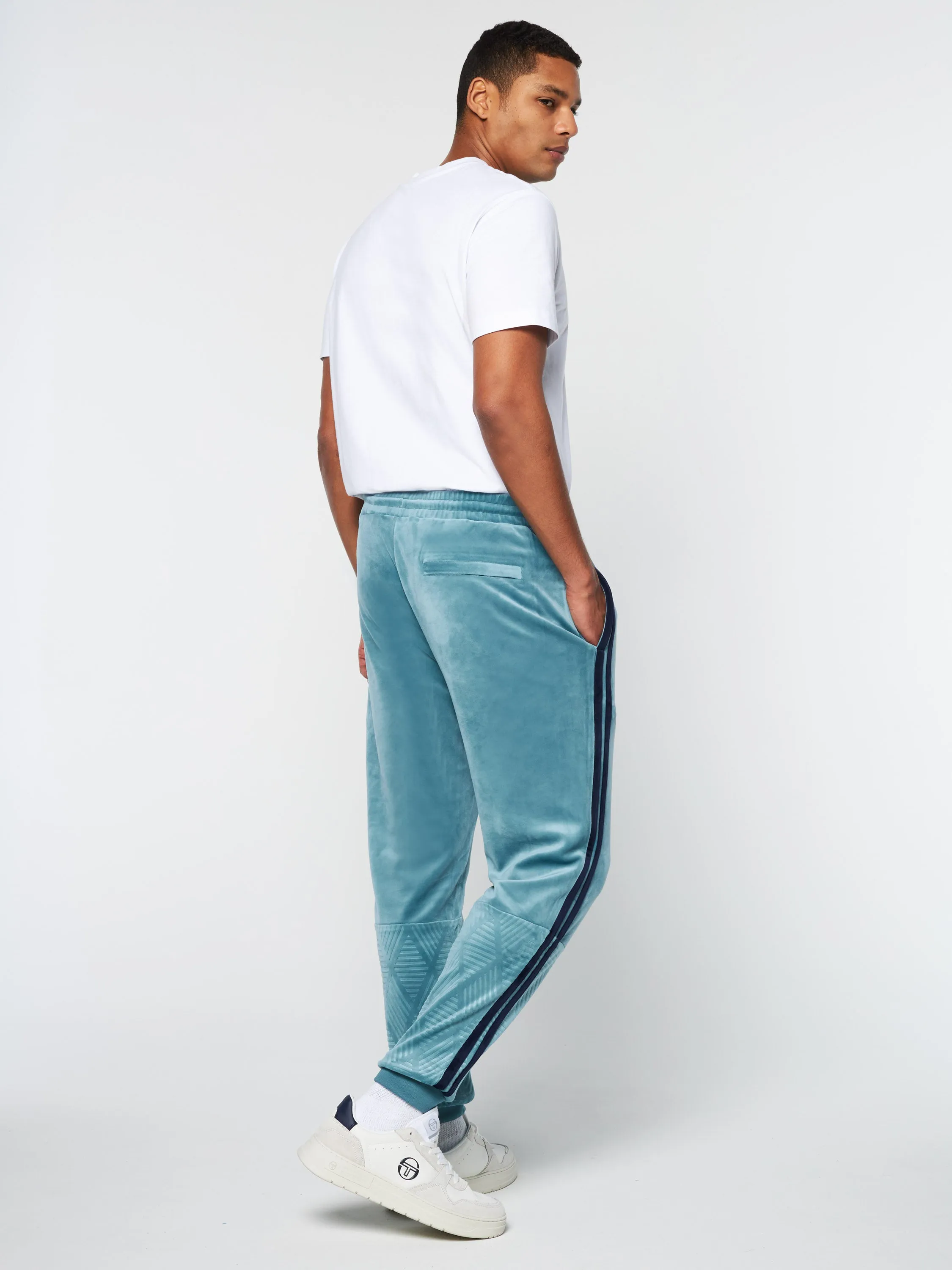 Debossed Damarindo Velour Track Pant- Larkspur
