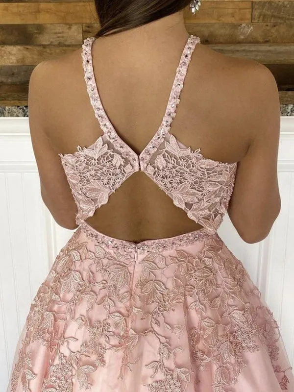 Deep V Neck Pink Lace Long Prom, Pink Lace Formal, Pink Evening
