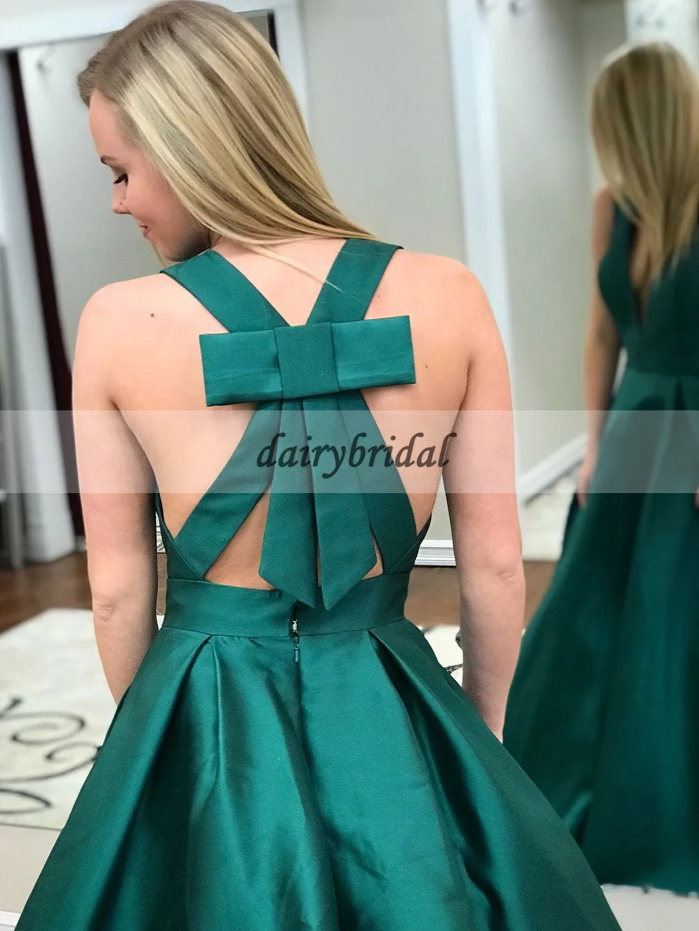 Deep V-Neck Satin Prom Dress with Bow-Knot, Charming Green Prom Dress, D447