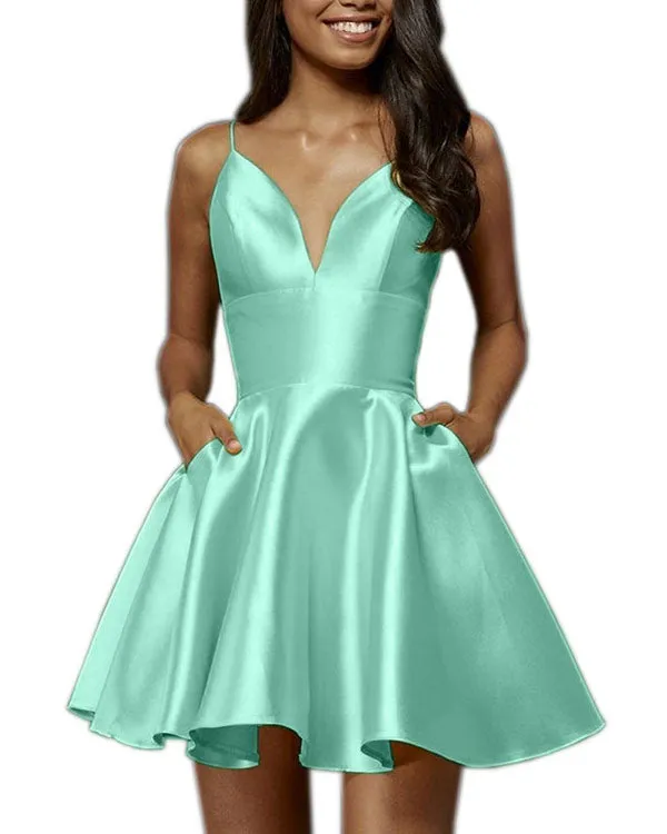 Delicate 2018 Satin Homecoming Dresses V-Neck Short Homecoming Dresses Sexy Party Gowns