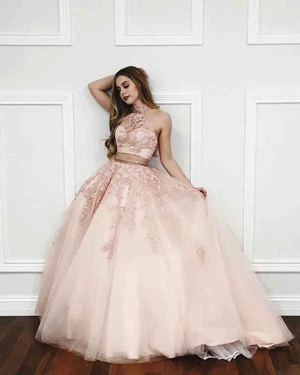 Delicate Red Lace Prom Dresses with Halter Long Tulle Two Pieces Prom Gowns 2018
