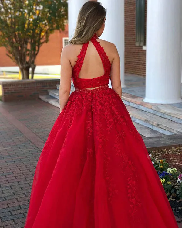 Delicate Red Lace Prom Dresses with Halter Long Tulle Two Pieces Prom Gowns 2018