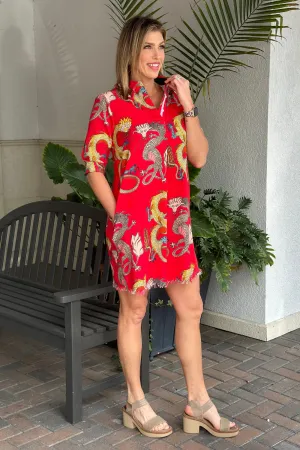 Dizzie Lizzie Cotton Chatham Dragon Print Dress-Red