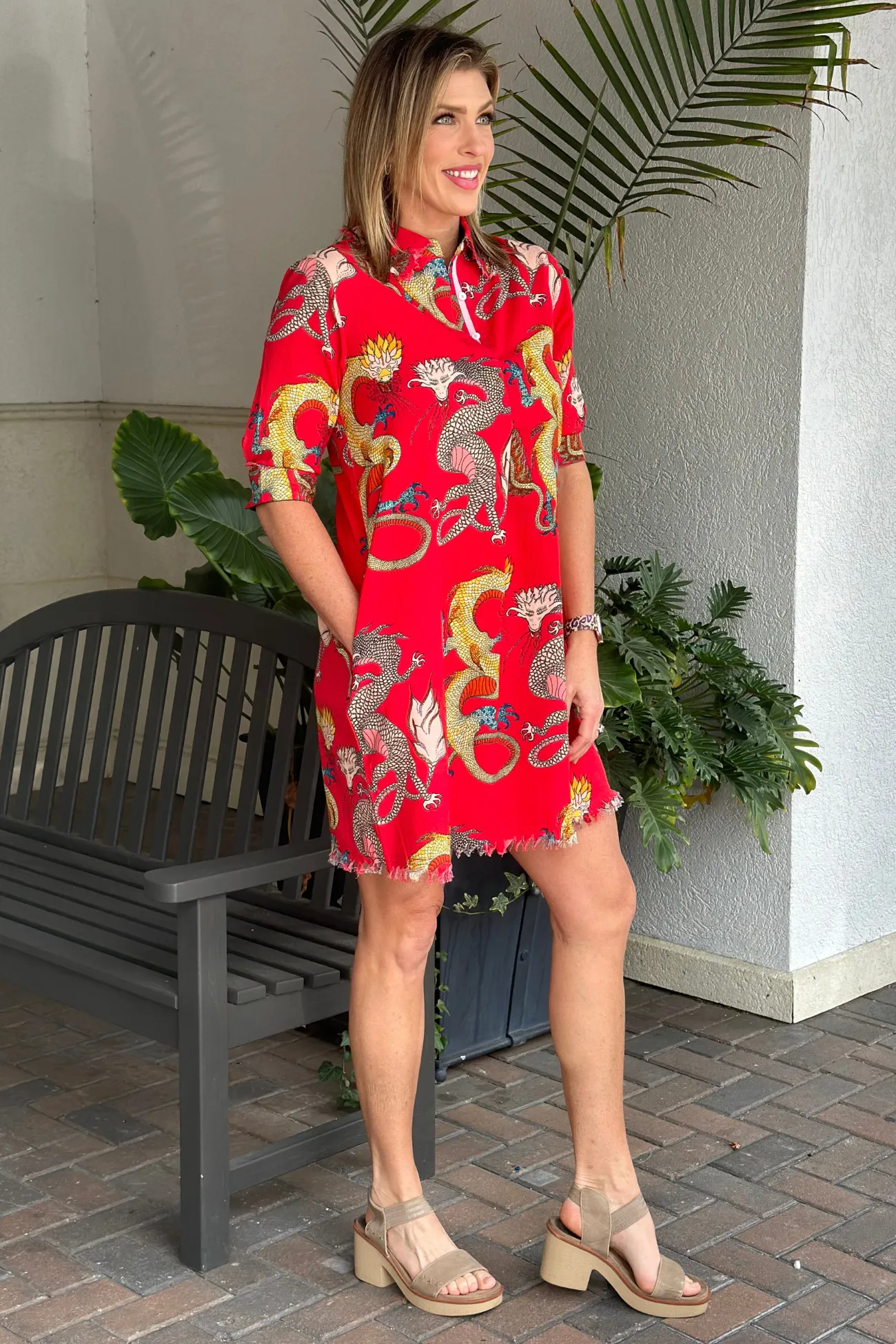 Dizzie Lizzie Cotton Chatham Dragon Print Dress-Red