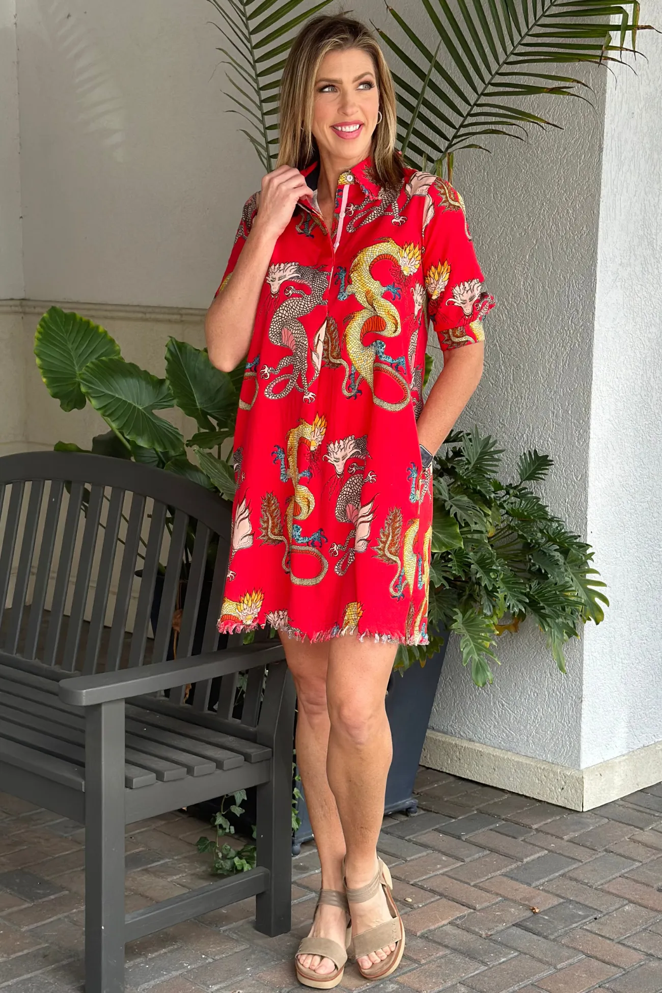 Dizzie Lizzie Cotton Chatham Dragon Print Dress-Red