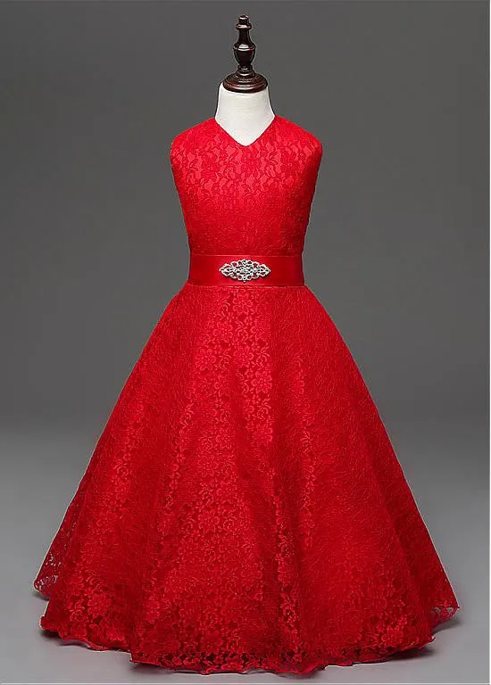Elegant Lace V-Neck A-Line Flower Girl Dresses With Belt