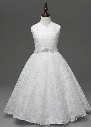 Elegant Lace V-Neck A-Line Flower Girl Dresses With Belt