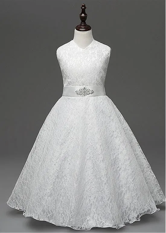 Elegant Lace V-Neck A-Line Flower Girl Dresses With Belt