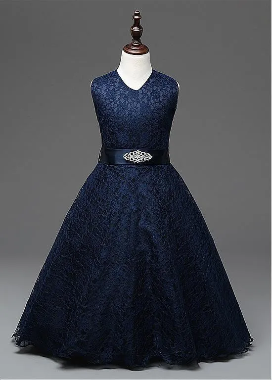 Elegant Lace V-Neck A-Line Flower Girl Dresses With Belt