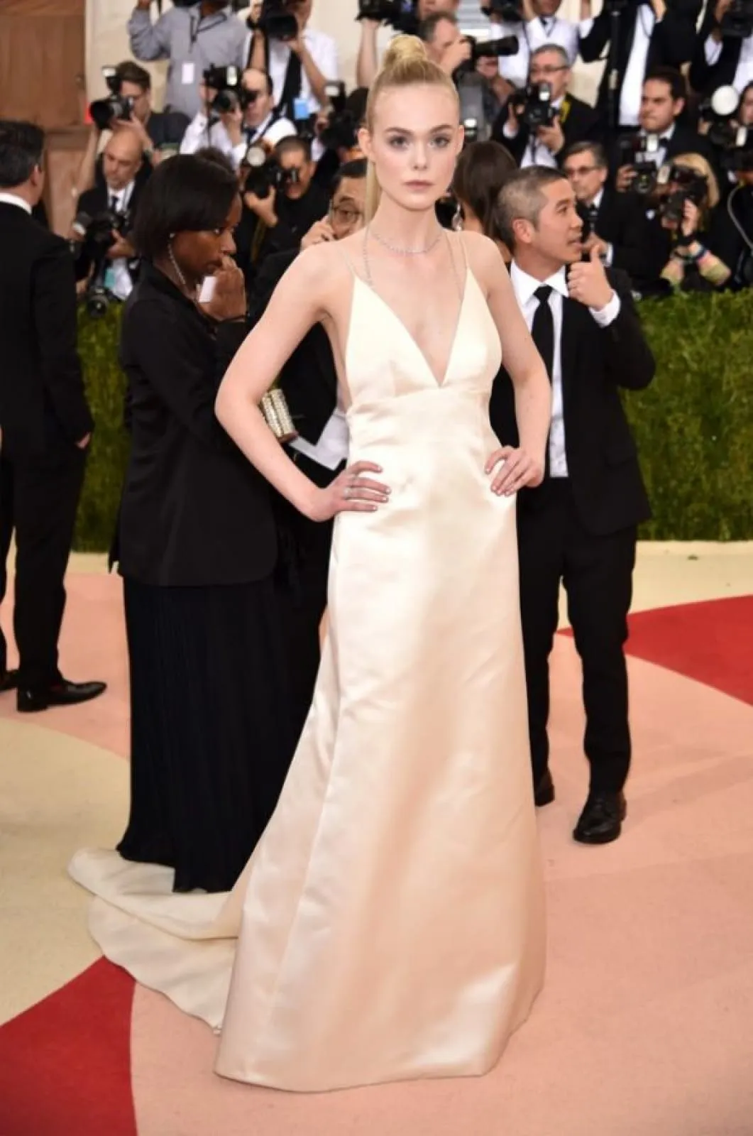 Elle Fanning Satin Slip Plunge Backless Celebrity Dress Met Gala 2016 Red Carpet
