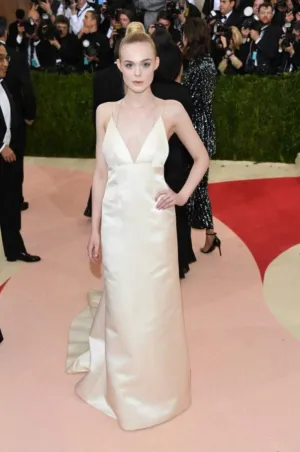 Elle Fanning Satin Slip Plunge Backless Celebrity Dress Met Gala 2016 Red Carpet