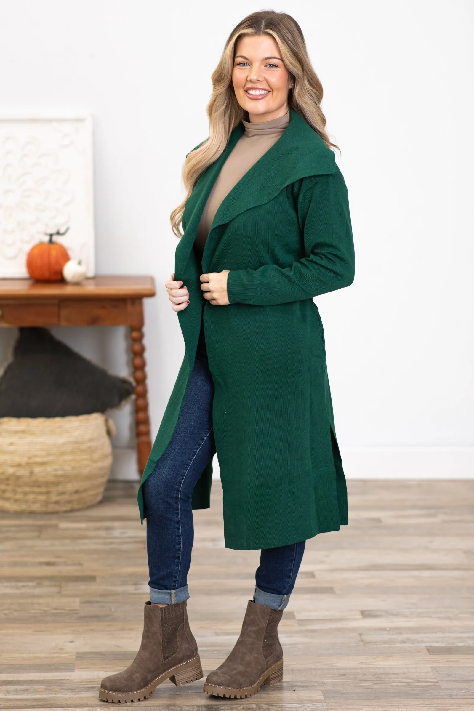 Emerald Green Self Tie Knit Coat